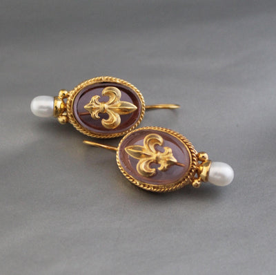 Intaglio Glass Earrings, Victorian Style with Pearls, Gold Plated, photo 10