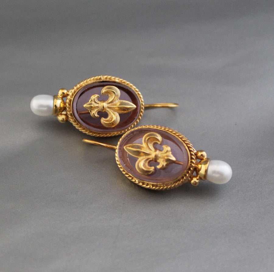 Intaglio Glass Earrings, Victorian Style with Pearls, Gold Plated, photo 10