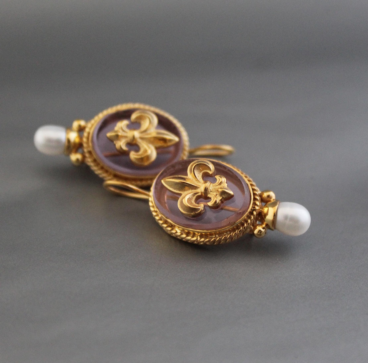 Intaglio Glass Earrings, Victorian Style with Pearls, Gold Plated, photo 12