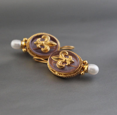 Intaglio Glass Earrings, Victorian Style with Pearls, Gold Plated, photo 12