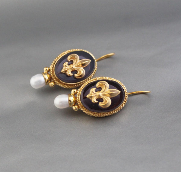 Fleur-de-lis Intaglio Earrings, Victorian Pearl Accent, Gold Plated