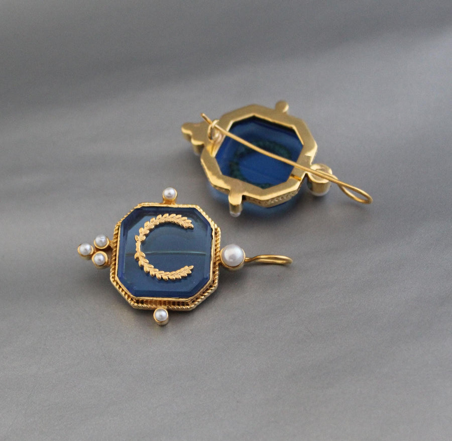 Blue Laurel Intaglio Earrings, Victorian Style, Gold Plated, photo 4