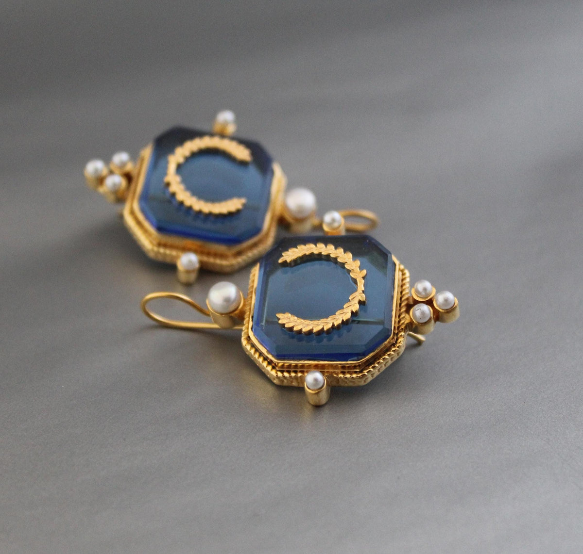 Blue Laurel Intaglio Earrings, Victorian Style, Gold Plated