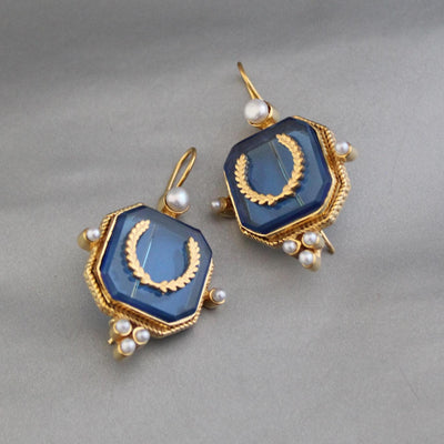 Blue Laurel Intaglio Earrings, Victorian Style, Gold Plated, photo 2