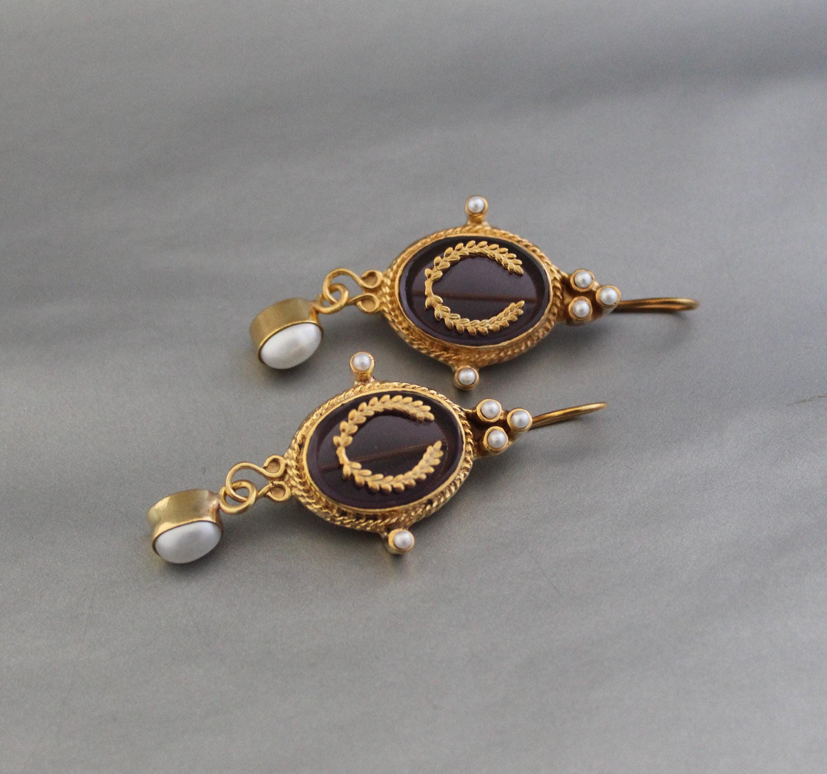 Purple Crystal Laurel Intaglio Earrings, Victorian Bridal, Gold Plated, photo 2