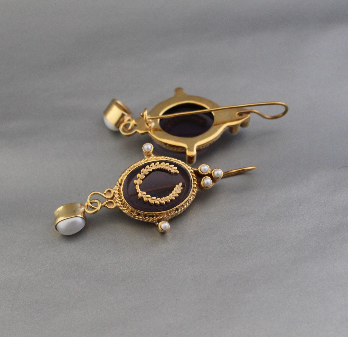 Purple Crystal Laurel Intaglio Earrings, Victorian Bridal, Gold Plated, photo 4