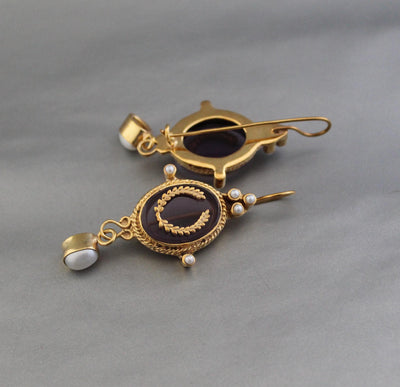 Purple Crystal Laurel Intaglio Earrings, Victorian Bridal, Gold Plated, photo 4