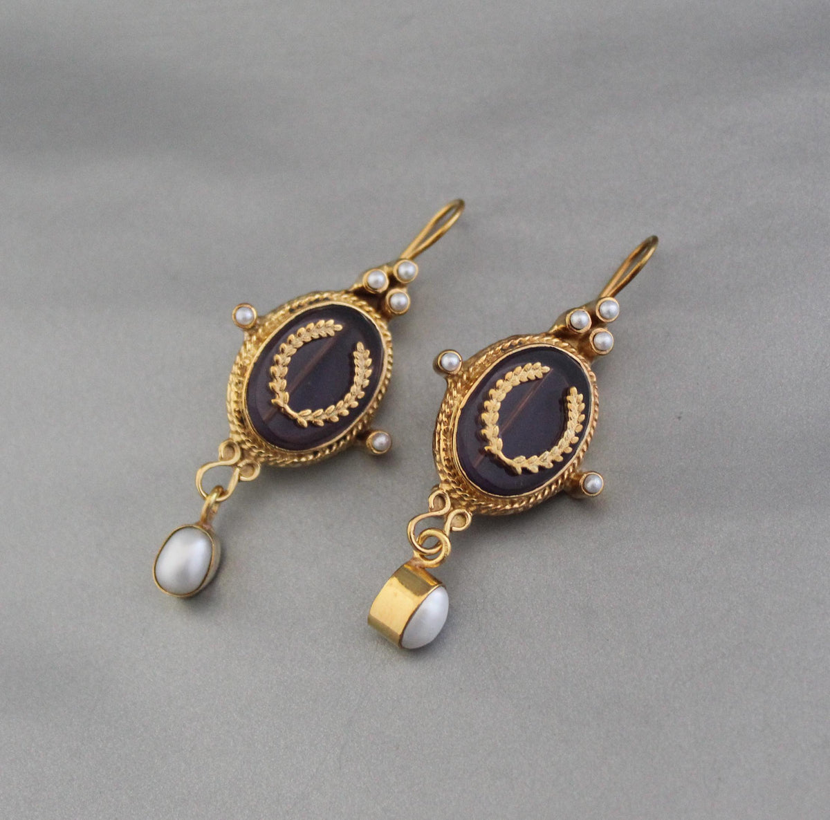 Purple Crystal Laurel Intaglio Earrings, Victorian Bridal, Gold Plated, photo 6