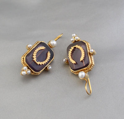 Purple Laurel Intaglio Earrings, Victorian Pearl Accents, Gold Plated, photo 6
