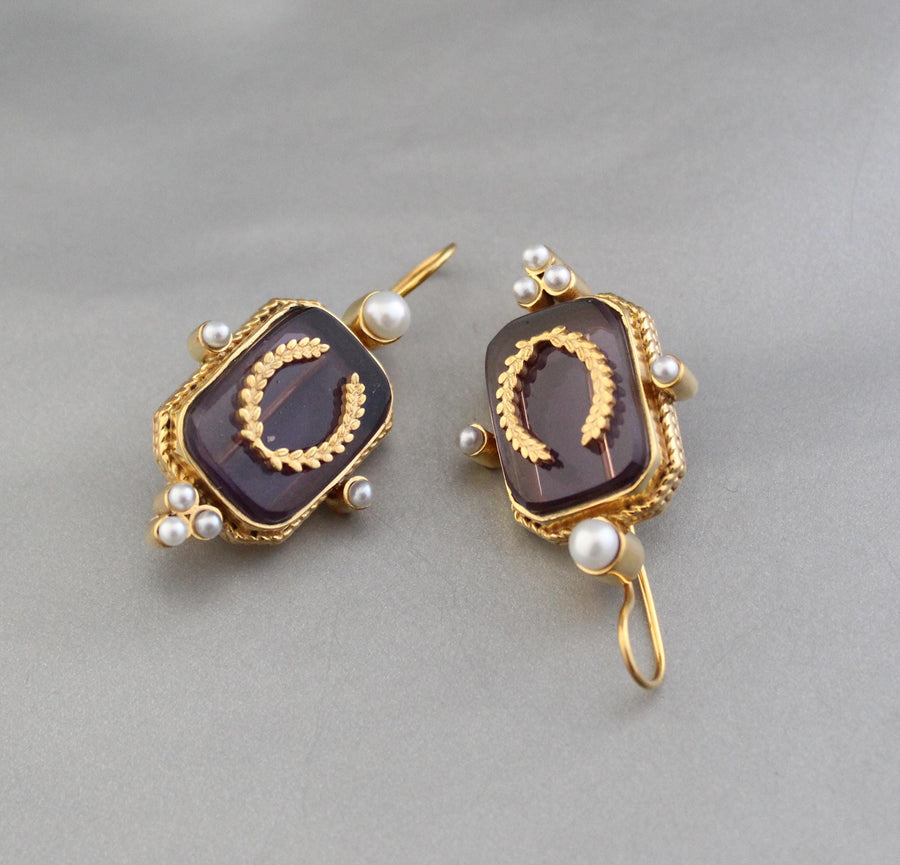 Purple Laurel Intaglio Earrings, Victorian Pearl Accents, Gold Plated, photo 6