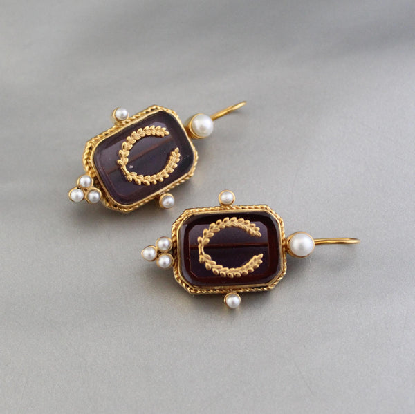 Purple Laurel Intaglio Earrings, Victorian Pearl Accents, Gold Plated