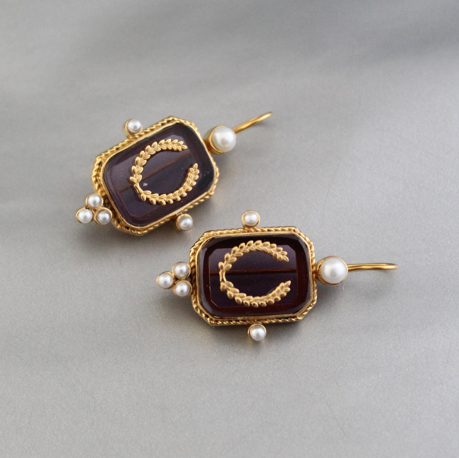 Purple Laurel Intaglio Earrings, Victorian Pearl Accents, Gold Plated