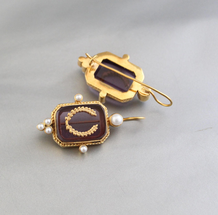 Purple Laurel Intaglio Earrings, Victorian Pearl Accents, Gold Plated, photo 8