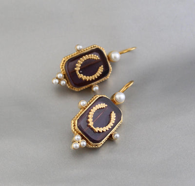 Purple Laurel Intaglio Earrings, Victorian Pearl Accents, Gold Plated, photo 11
