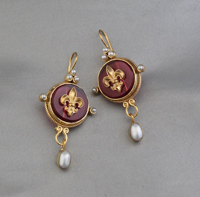 Red Fleur-de-lis Intaglio Earrings, Victorian Dangles, Gold Plated, photo 6