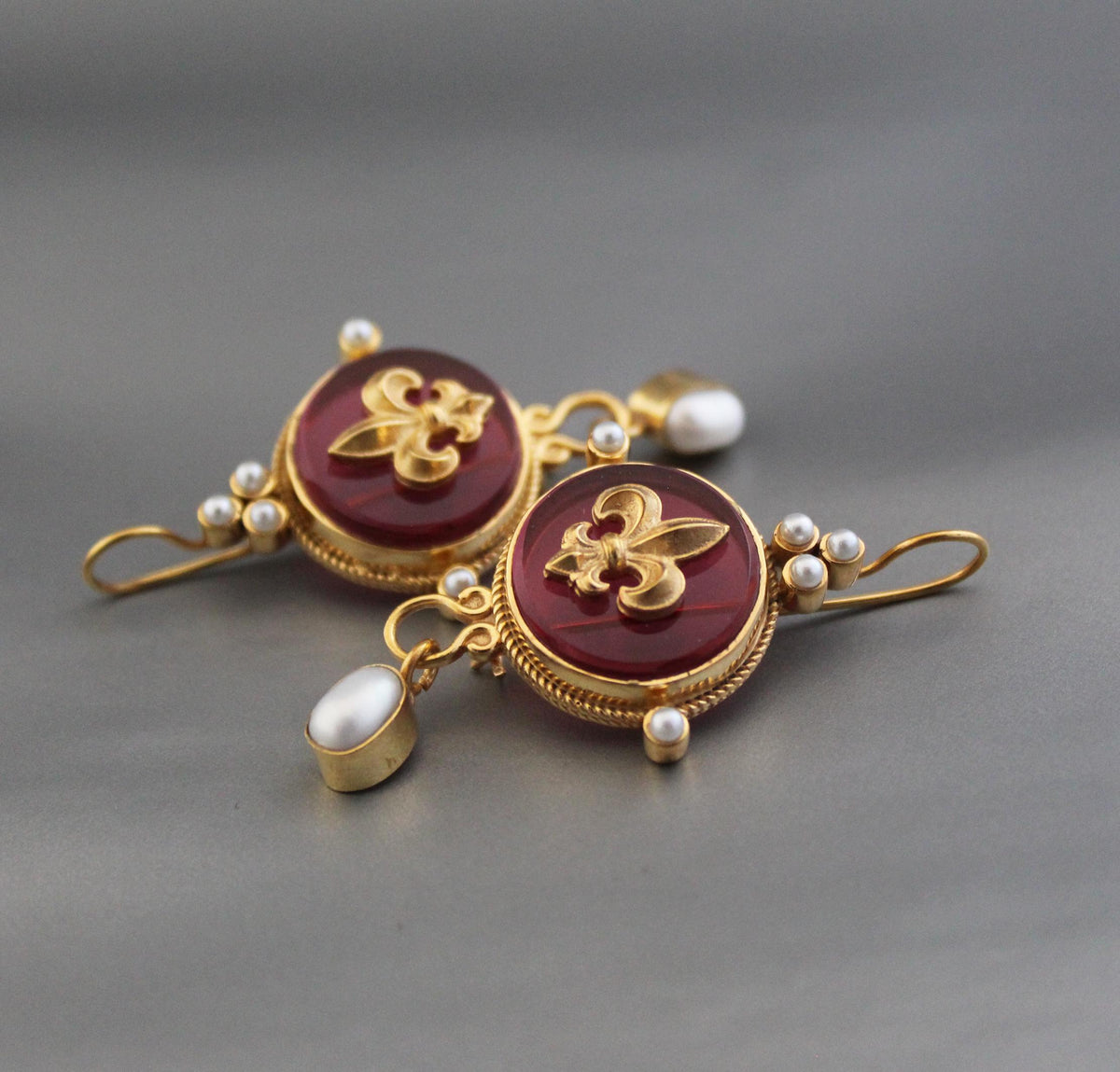 Red Fleur-de-lis Intaglio Earrings, Victorian Dangles, Gold Plated, photo 10