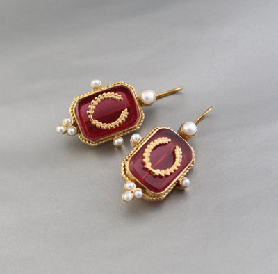 Red Laurel Intaglio Earrings, Victorian Style, Gold Plated, photo 6