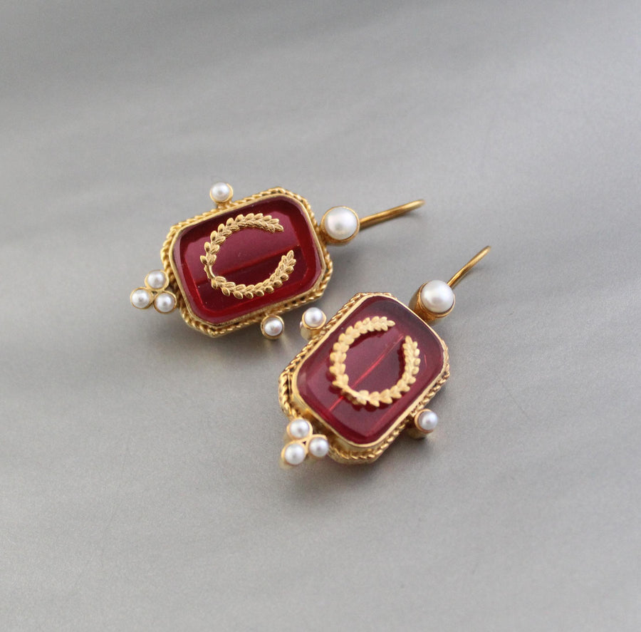 Red Laurel Intaglio Earrings, Victorian Style, Gold Plated, photo 6