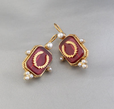 Red Laurel Intaglio Earrings, Victorian Style, Gold Plated
