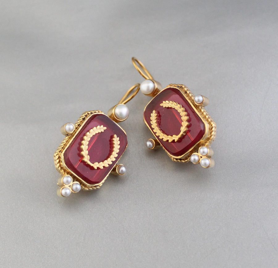 Red Laurel Intaglio Earrings, Victorian Style, Gold Plated