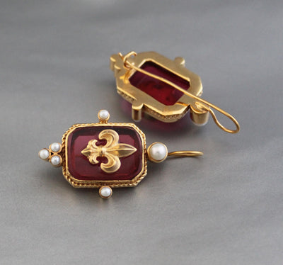 Red Intaglio Earrings, Victorian Style, Gold Plated, photo 6