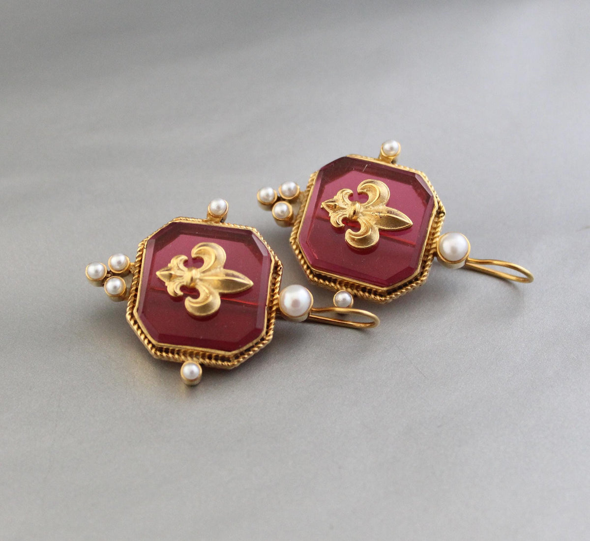 Red Intaglio Glass Earrings, Victorian Dangles with Pearls, Gold Plated, photo 5