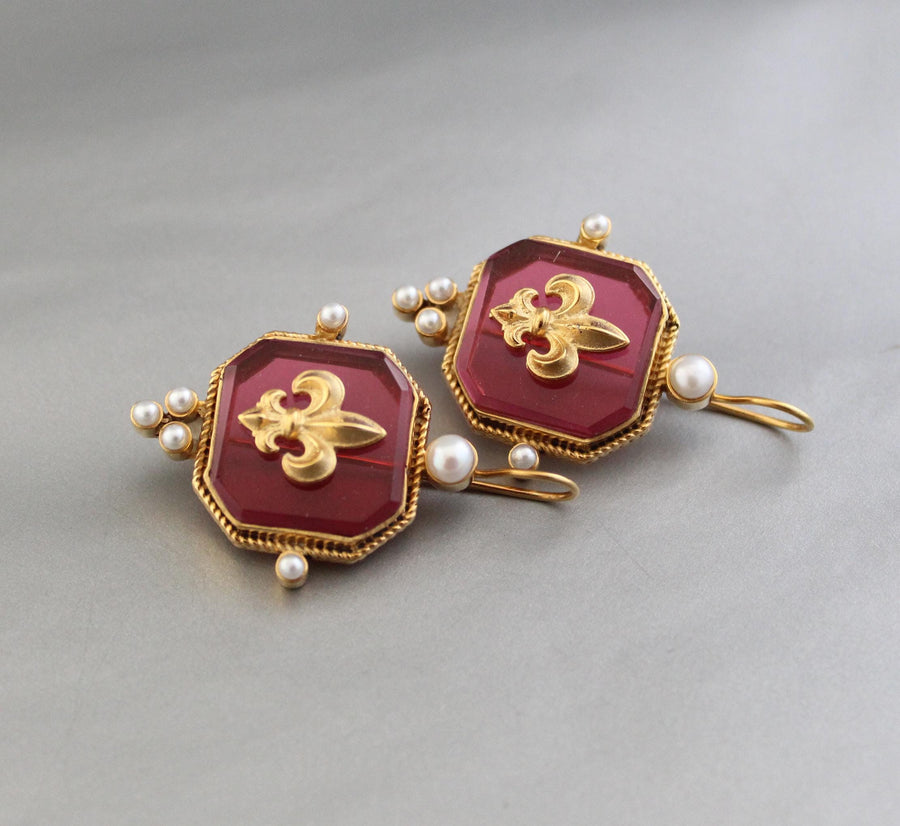 Red Intaglio Glass Earrings, Victorian Dangles with Pearls, Gold Plated, photo 5