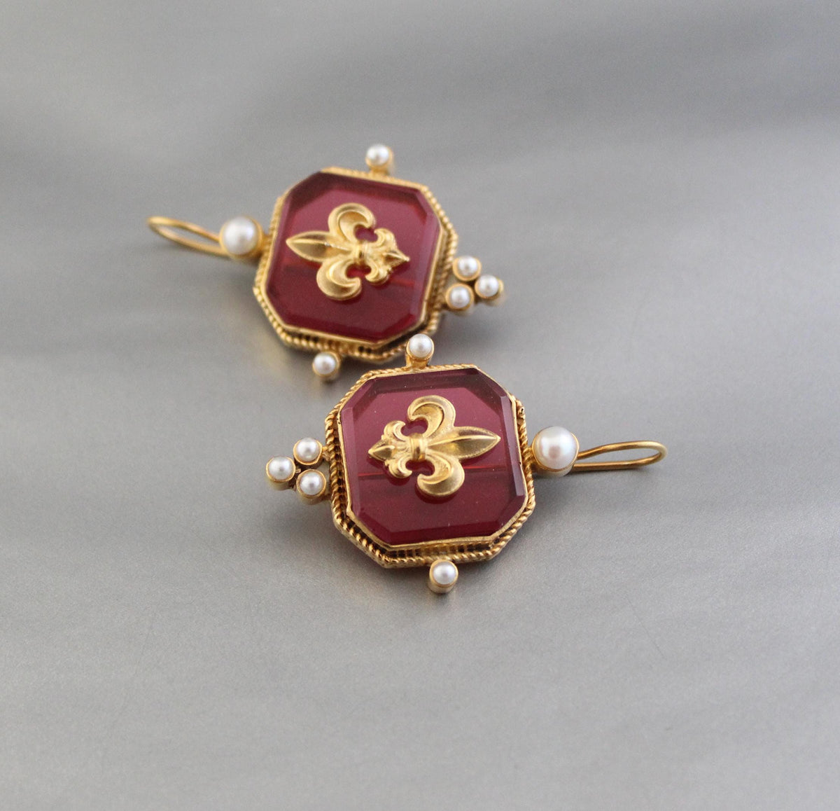 Red Intaglio Glass Earrings, Victorian Dangles with Pearls, Gold Plated, photo 6