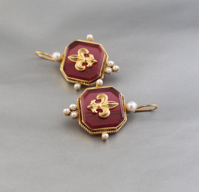 Red Intaglio Glass Earrings, Victorian Dangles with Pearls, Gold Plated, photo 6