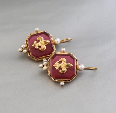 Red Intaglio Glass Earrings, Victorian Dangles with Pearls, Gold Plated, photo 10