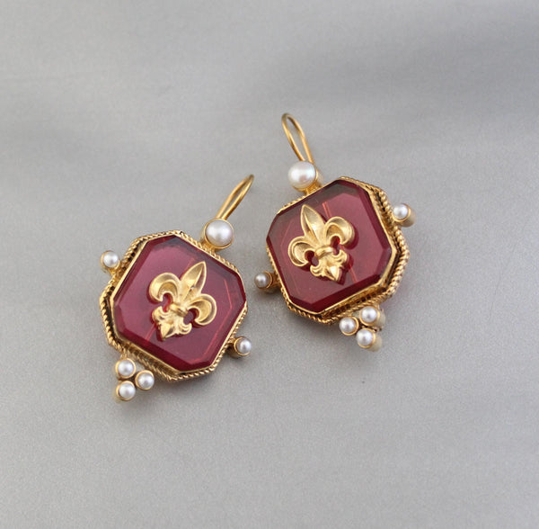 Red Intaglio Glass Earrings, Victorian Dangles with Pearls, Gold Plated