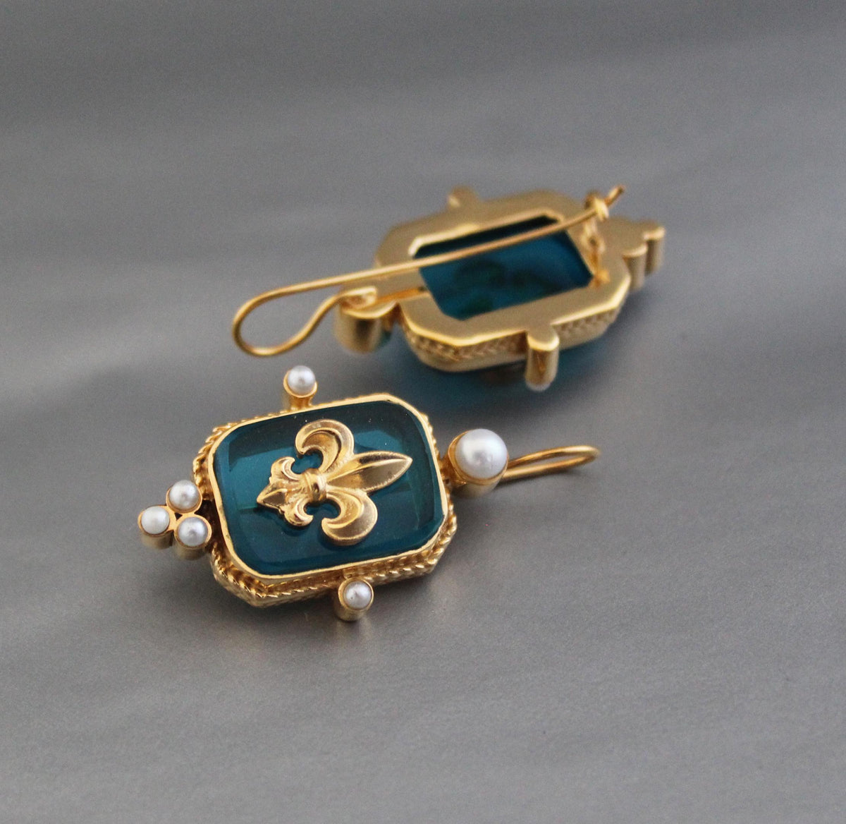 Turquoise Blue Fleur-de-lis Intaglio Earrings, Victorian Style, Gold Vermeil, photo 5