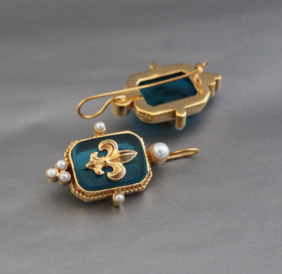 Turquoise Blue Fleur-de-lis Intaglio Earrings, Victorian Style, Gold Vermeil, photo 5