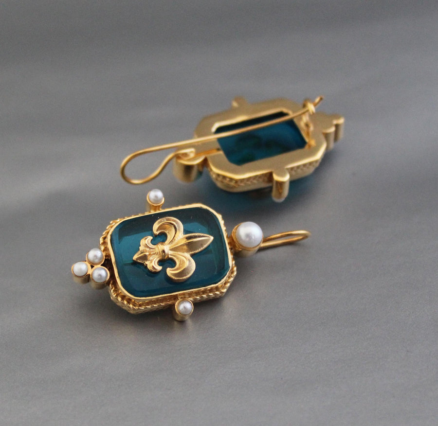 Turquoise Blue Fleur-de-lis Intaglio Earrings, Victorian Style, Gold Vermeil, photo 5