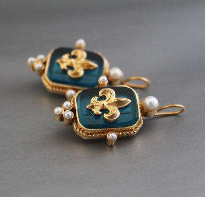 Turquoise Blue Fleur-de-lis Intaglio Earrings, Victorian Style, Gold Vermeil, photo 2