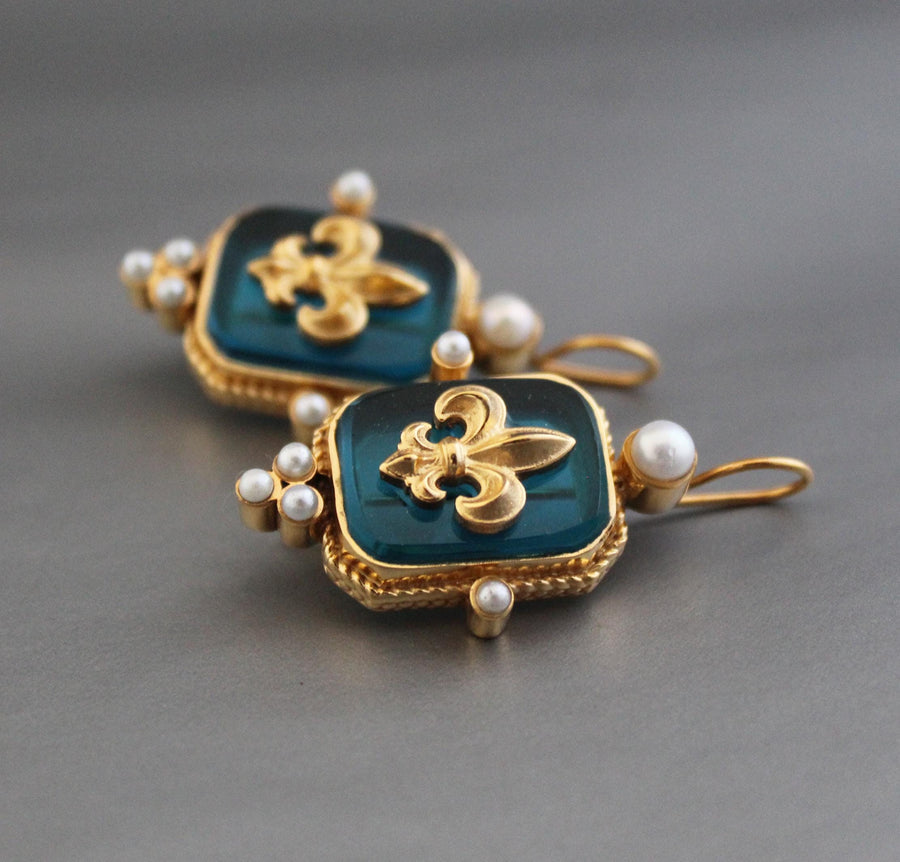 Turquoise Blue Fleur-de-lis Intaglio Earrings, Victorian Style, Gold Vermeil, photo 2