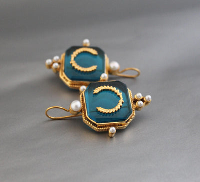 Turquoise Blue Laurel Intaglio Earrings, Victorian Style, Gold Plated, photo 2