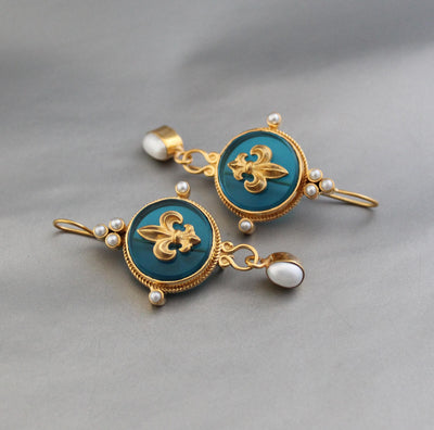 Turquoise Blue Intaglio Earrings, Victorian Dangles, Gold Plated, photo 5