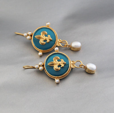 Turquoise Blue Intaglio Earrings, Victorian Dangles, Gold Plated, photo 6