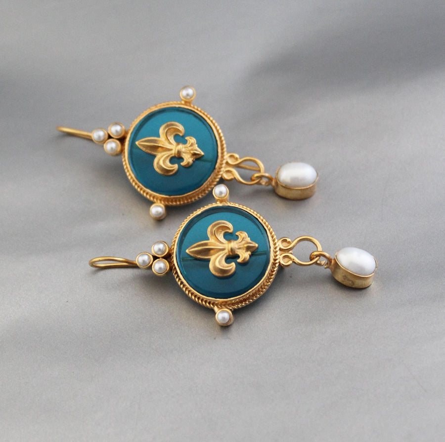 Turquoise Blue Intaglio Earrings, Victorian Dangles, Gold Plated, photo 6