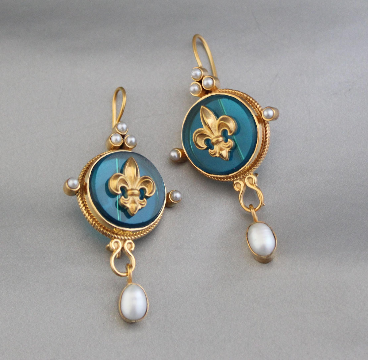 Turquoise Blue Intaglio Earrings, Victorian Dangles, Gold Plated, photo 2