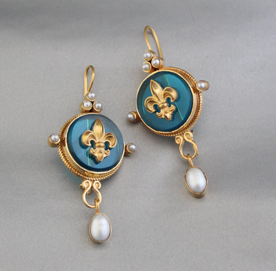 Turquoise Blue Intaglio Earrings, Victorian Dangles, Gold Plated, photo 2
