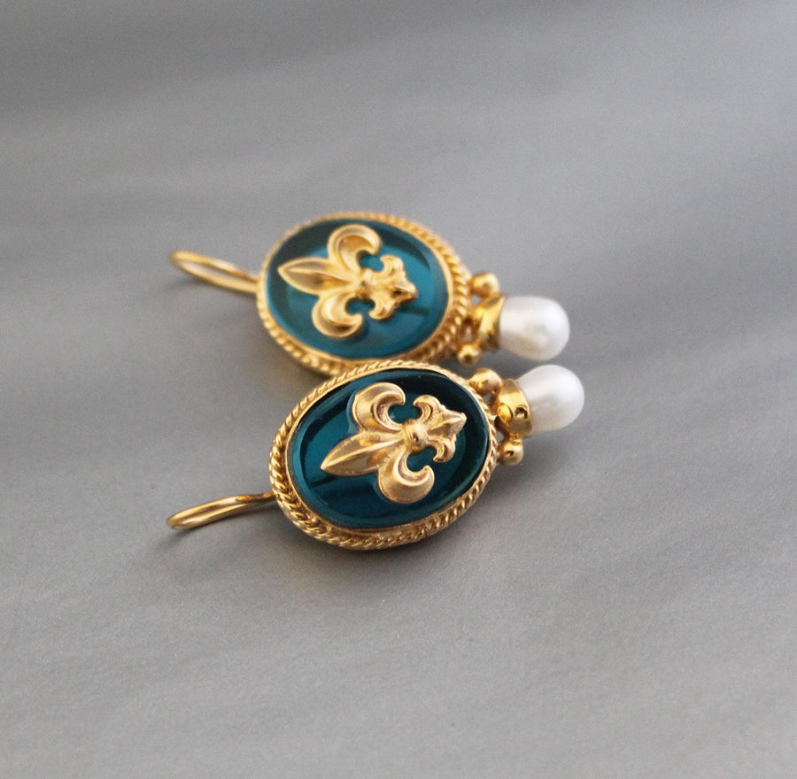 Turquoise Fleur-de-lis Intaglio Earrings, Victorian Pearl Drops, Gold Plated, photo 9