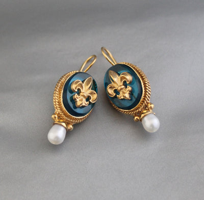 Turquoise Fleur-de-lis Intaglio Earrings, Victorian Pearl Drops, Gold Plated