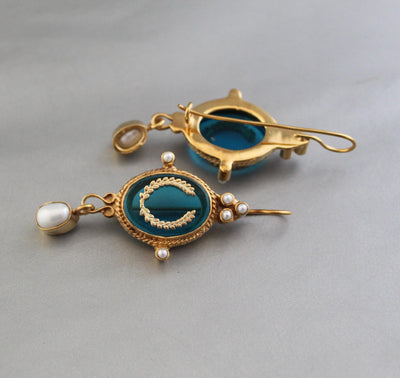 Laurel Wreath Intaglio Earrings, Victorian Pearl Dangles, Gold Plated, photo 6