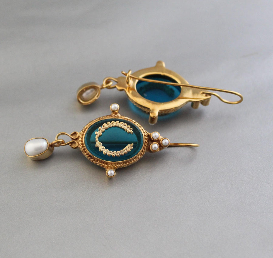 Laurel Wreath Intaglio Earrings, Victorian Pearl Dangles, Gold Plated, photo 6