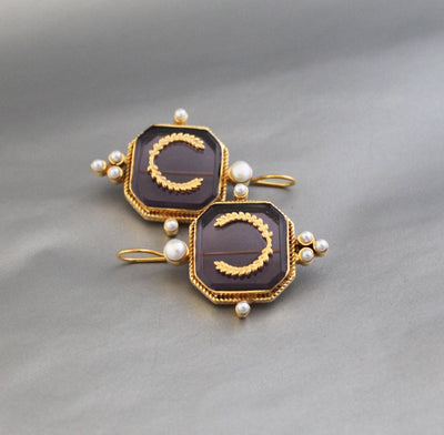 Laurel Intaglio Glass Earrings, Victorian Art Deco Style, Gold Plated, photo 5