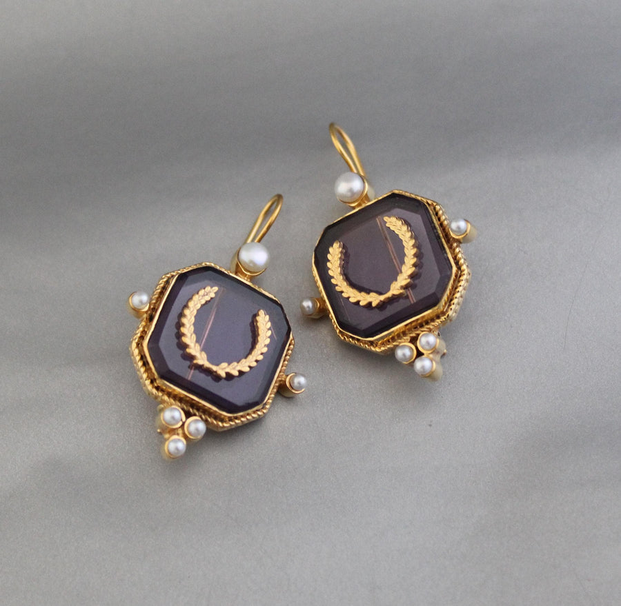 Laurel Intaglio Glass Earrings, Victorian Art Deco Style, Gold Plated