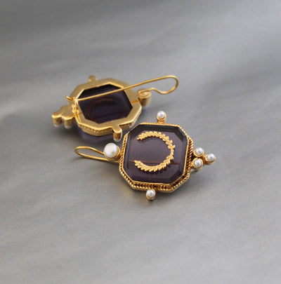 Laurel Intaglio Glass Earrings, Victorian Art Deco Style, Gold Plated, photo 6