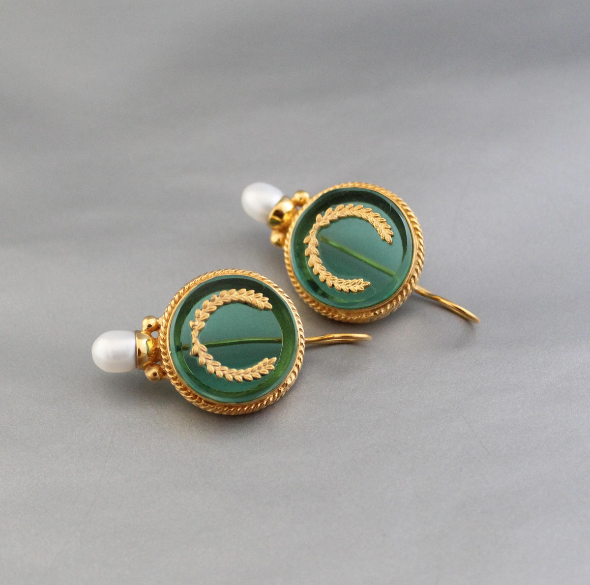 Green Intaglio Pearl Earrings, Art Deco Bridal, 18K Gold Vermeil, photo 2